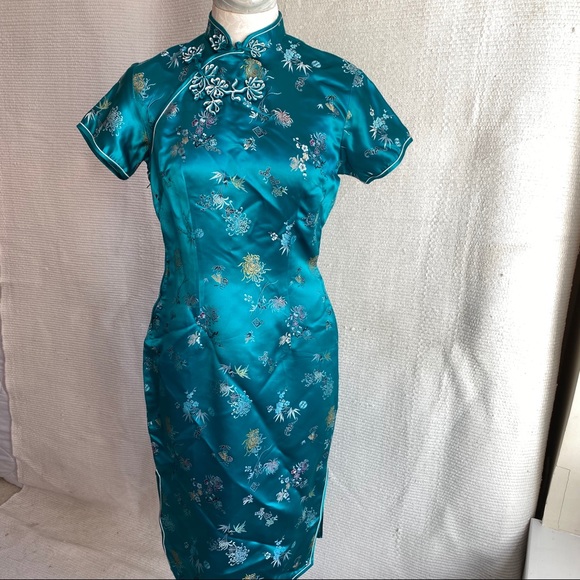 Vintage 6 Asian Print Satin Midi Dress Blue Green - Picture 8 of 8